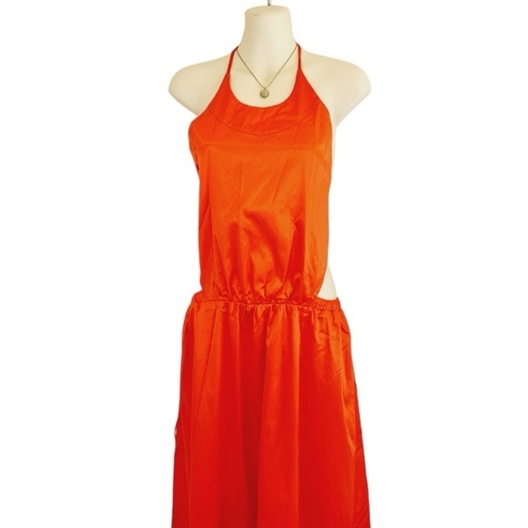 STAUD Satin Open Cut-Out Tie Back High Neck Halter Long Maxi Dress Orange - L - Picture 5 of 7